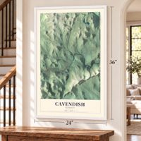 Cavendish, Vermont map, 24 x 36 inch print in a white frame by a staircase