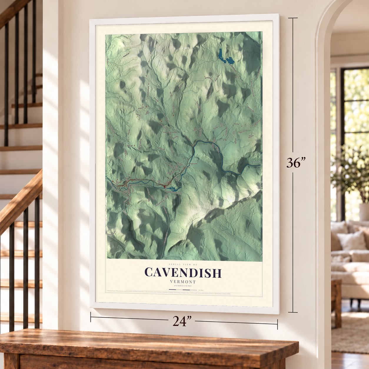 Cavendish, Vermont map, 24 x 36 inch print in a white frame by a staircase