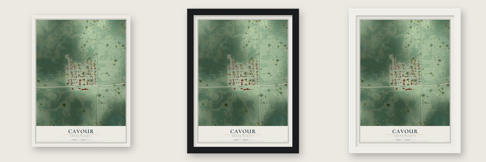 Cavour, South Dakota map unframed, in a black wood frame and in a white wood frame