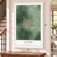 Cavour, South Dakota map, 24 x 36 inch print in a white frame by a staircase