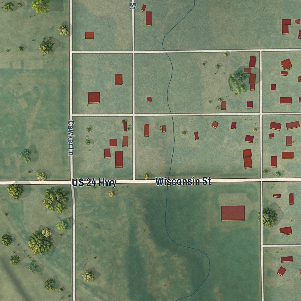 Second close-up of the map of Cawker City, Kansas print showing more streets and buildings