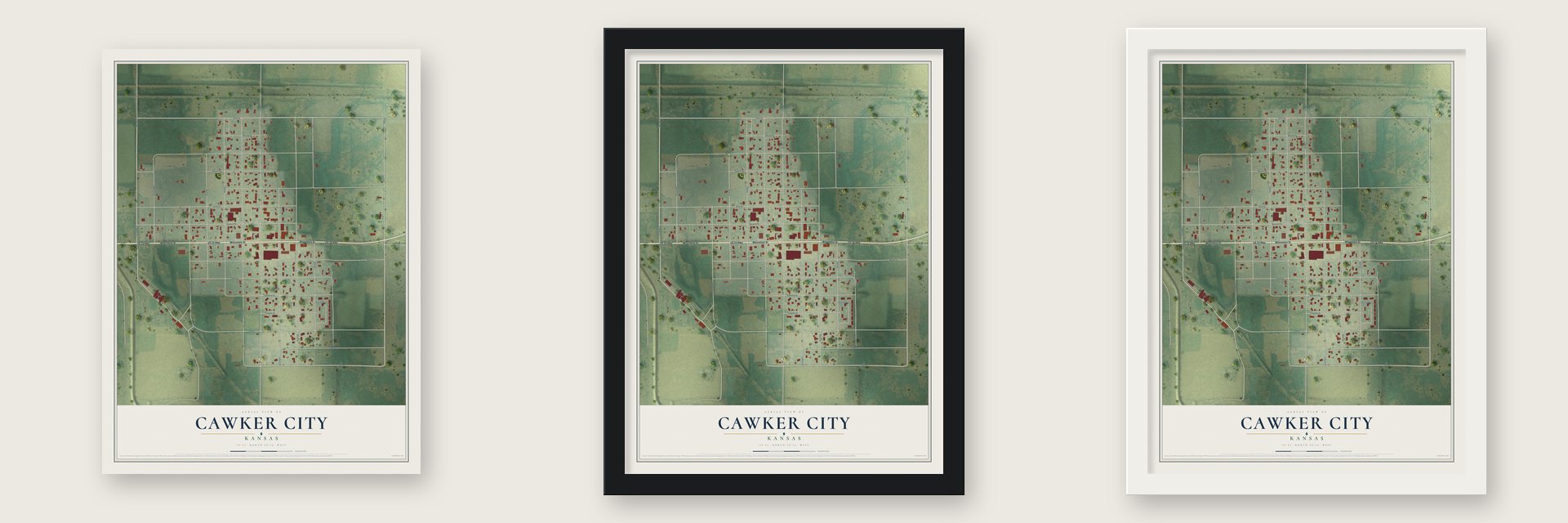 Cawker City, Kansas map unframed, in a black wood frame and in a white wood frame