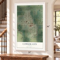 Cawker City, Kansas map, 24 x 36 inch print in a white frame by a staircase