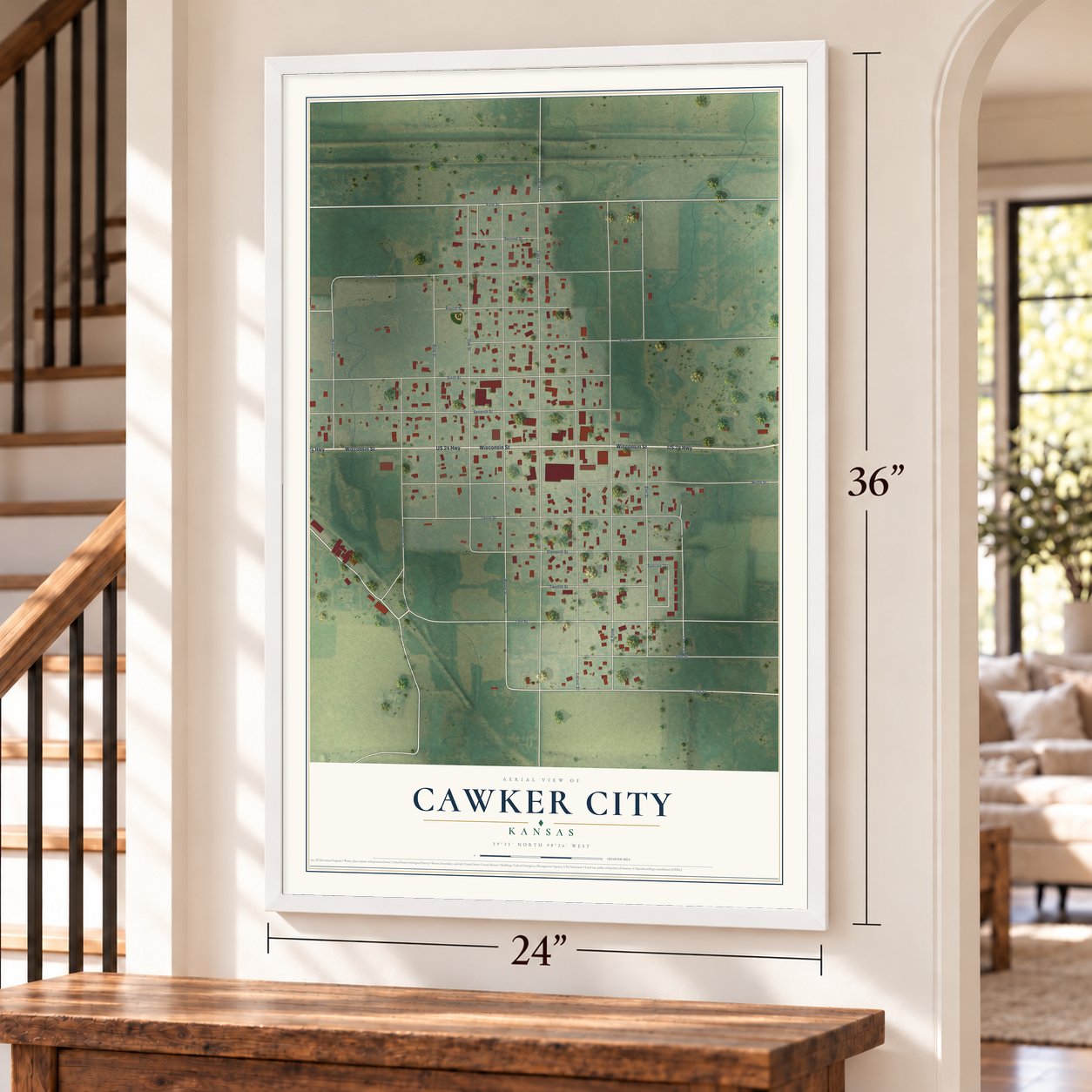 Cawker City, Kansas map, 24 x 36 inch print in a white frame by a staircase