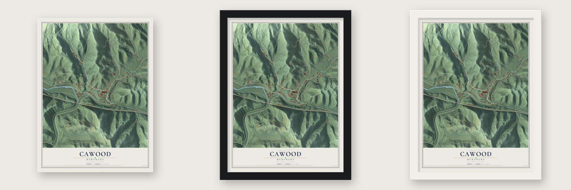 Cawood, Kentucky map unframed, in a black wood frame and in a white wood frame