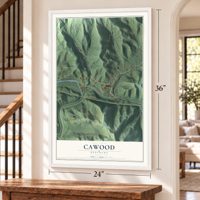 Cawood, Kentucky map, 24 x 36 inch print in a white frame by a staircase