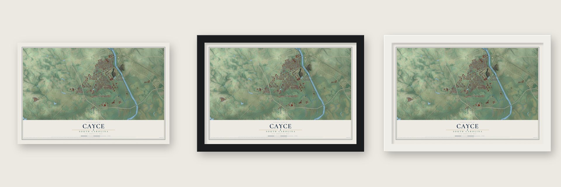 Cayce, South Carolina map unframed, in a black wood frame and in a white wood frame