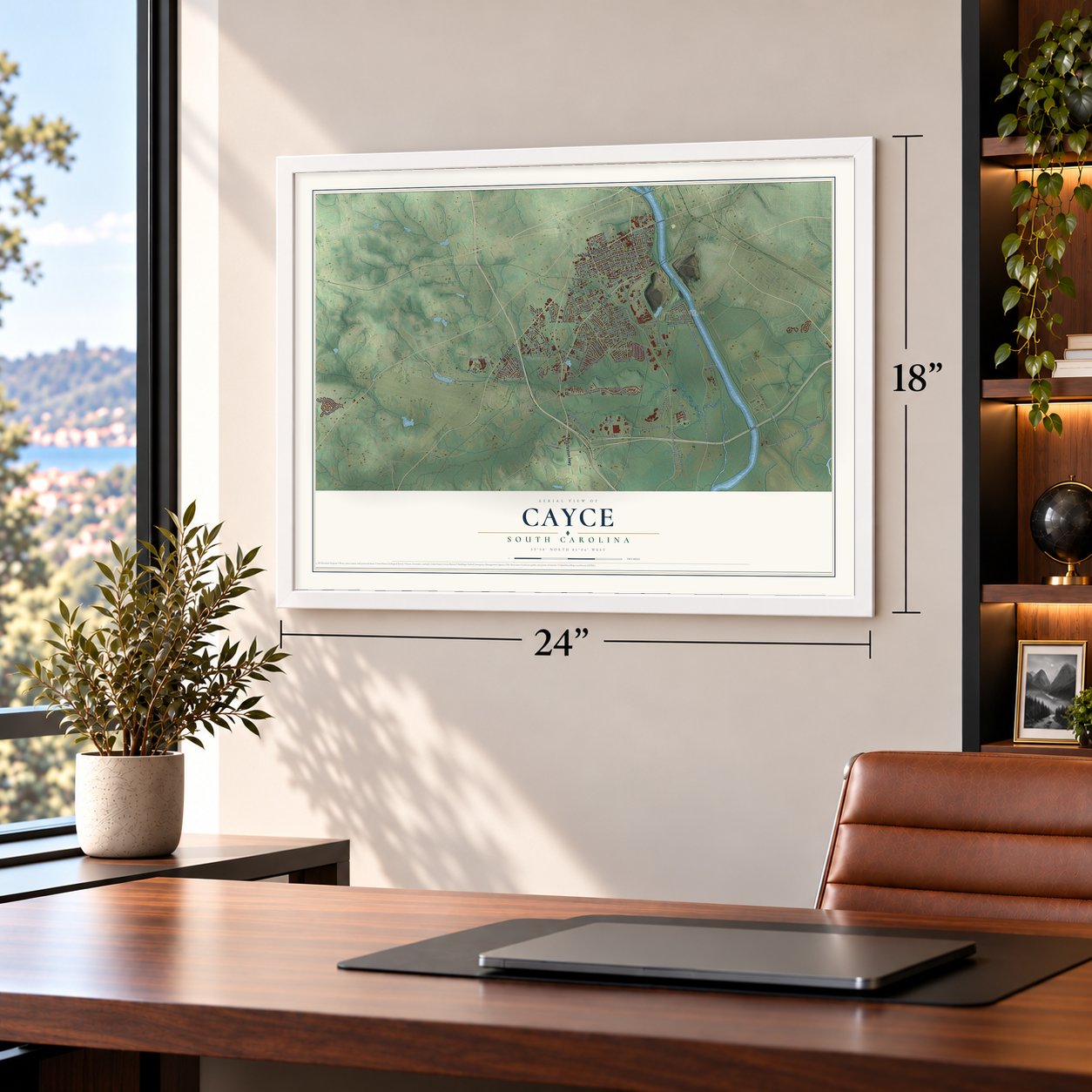 Cayce, South Carolina map, 18 x 24 inch print in a white frame in a home office