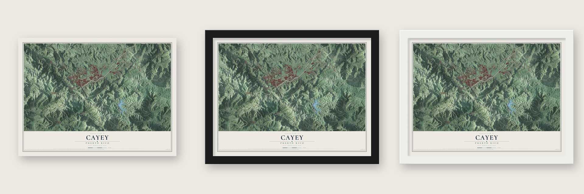 Cayey, Puerto Rico map unframed, in a black wood frame and in a white wood frame