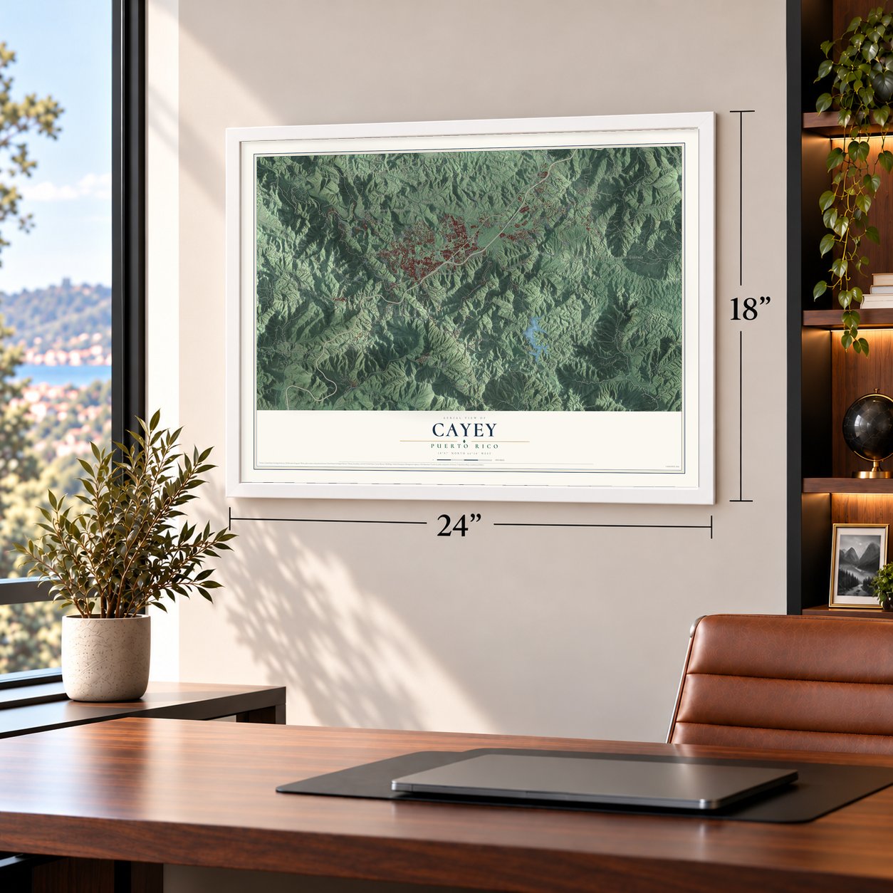 Cayey, Puerto Rico map, 18 x 24 inch print in a white frame in a home office