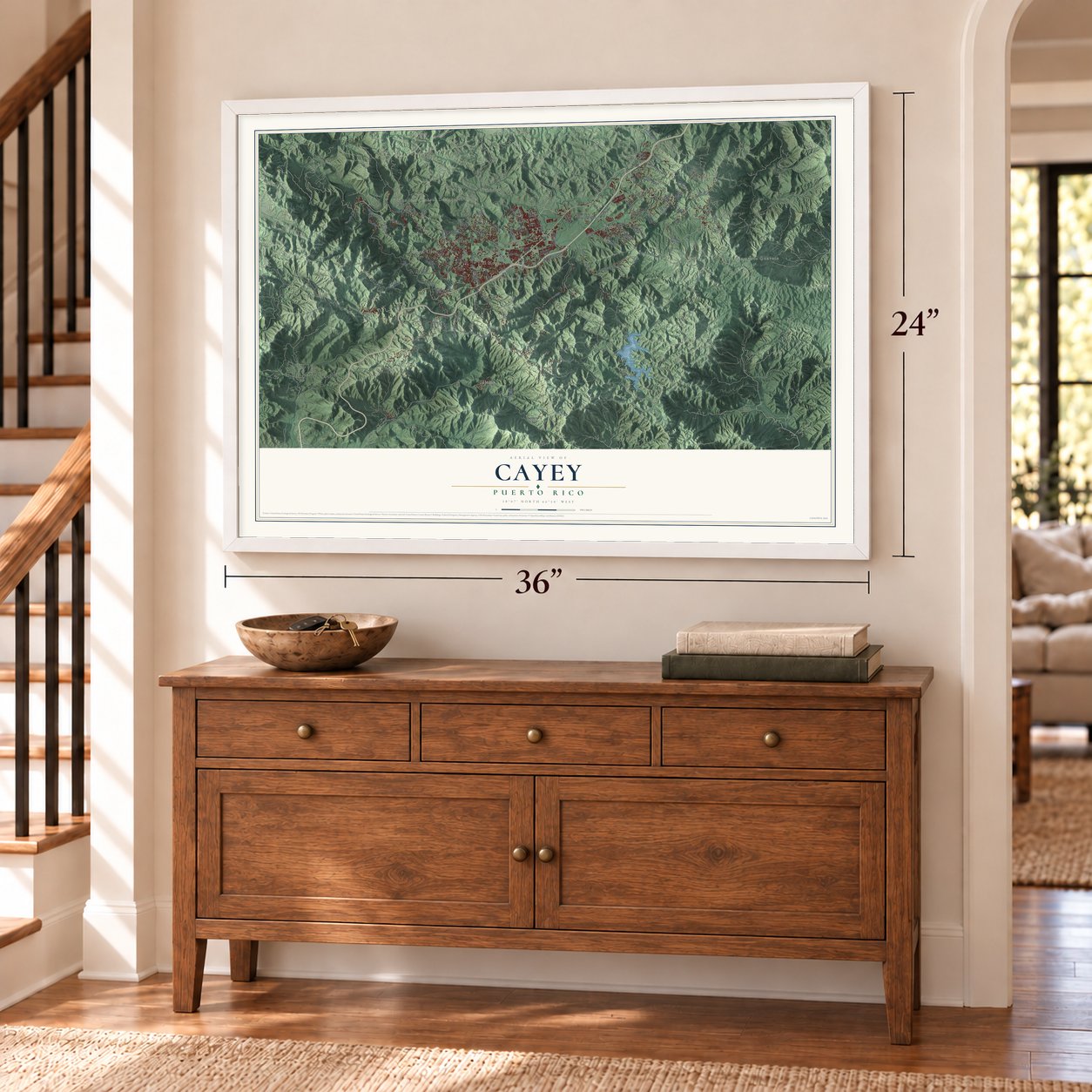 Cayey, Puerto Rico map, 24 x 36 inch print in a white frame above a dresser by a staircase