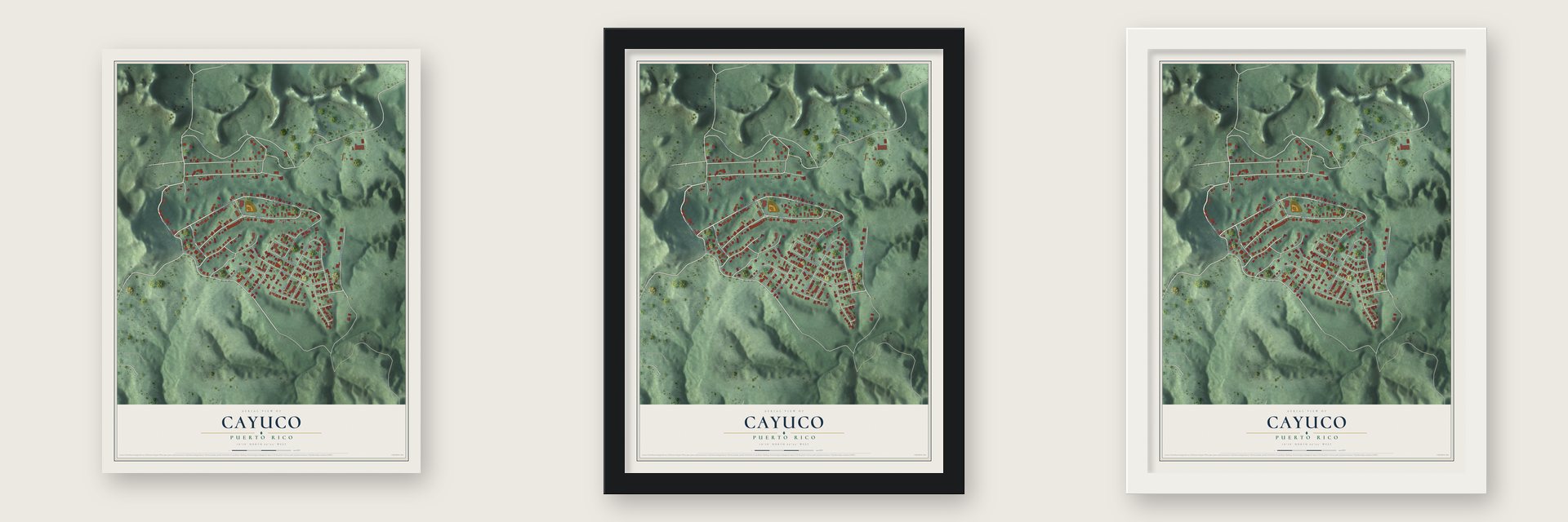 Cayuco, Puerto Rico map unframed, in a black wood frame and in a white wood frame