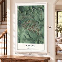 Cayuco, Puerto Rico map, 24 x 36 inch print in a white frame by a staircase