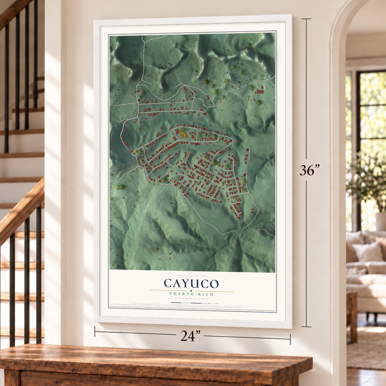 Cayuco, Puerto Rico map, 24 x 36 inch print in a white frame by a staircase