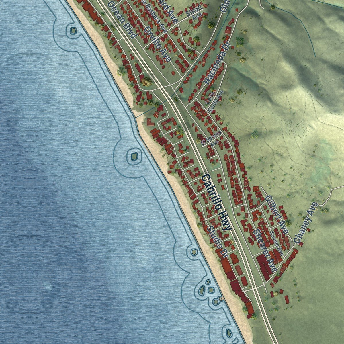 Second close-up of the map of Cayucos, California print showing more streets and buildings