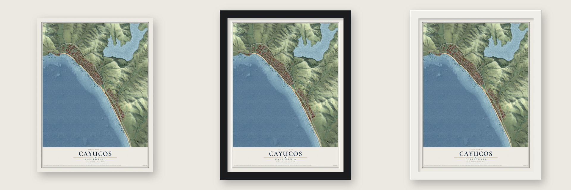 Cayucos, California map unframed, in a black wood frame and in a white wood frame