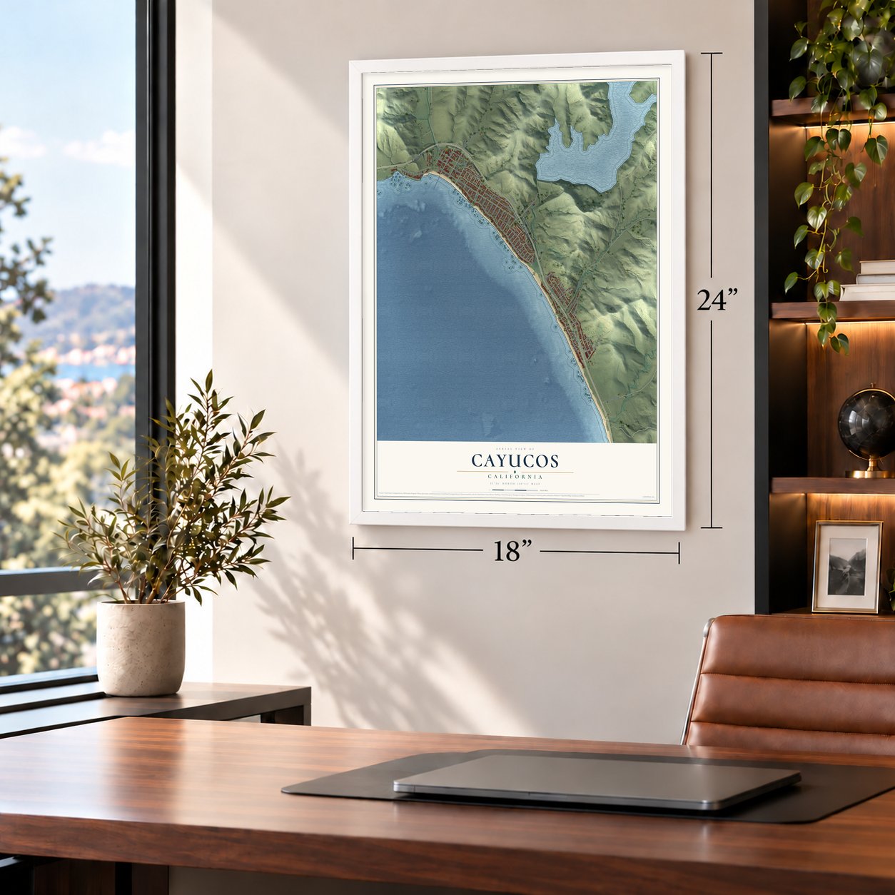 Cayucos, California map, 18 x 24 inch print in a white frame in a home office