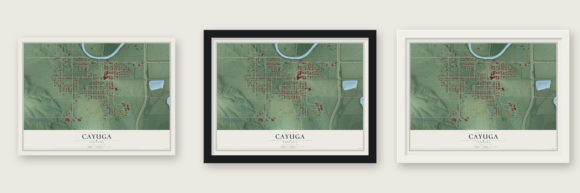 Cayuga, Indiana map unframed, in a black wood frame and in a white wood frame