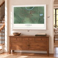 Cayuga, Indiana map, 24 x 36 inch print in a white frame above a dresser by a staircase