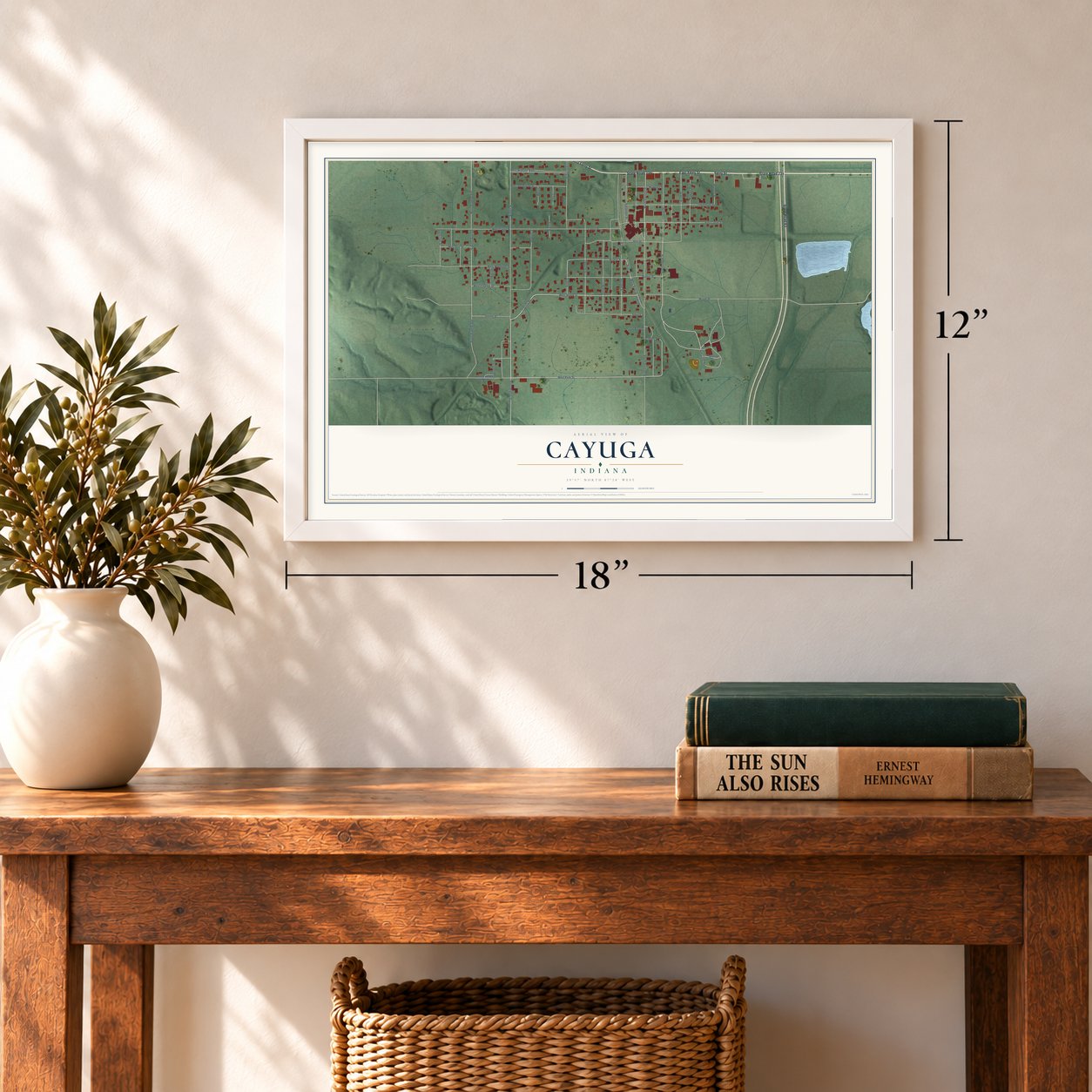 Cayuga, Indiana map, 12 x 18 inch print in a white frame in an entryway