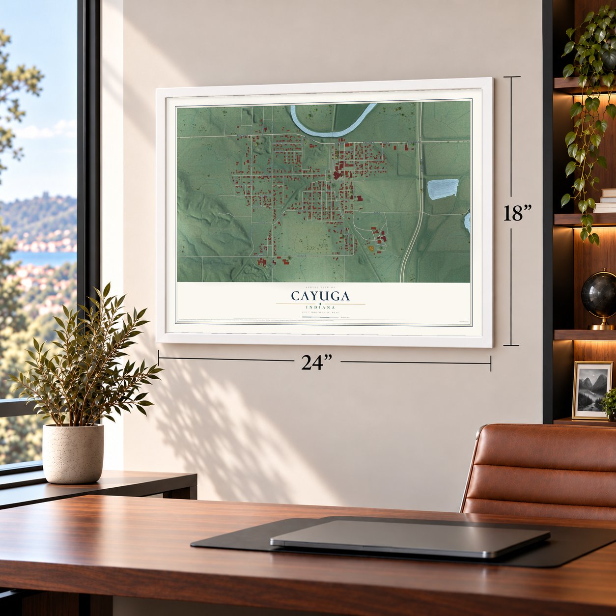Cayuga, Indiana map, 18 x 24 inch print in a white frame in a home office