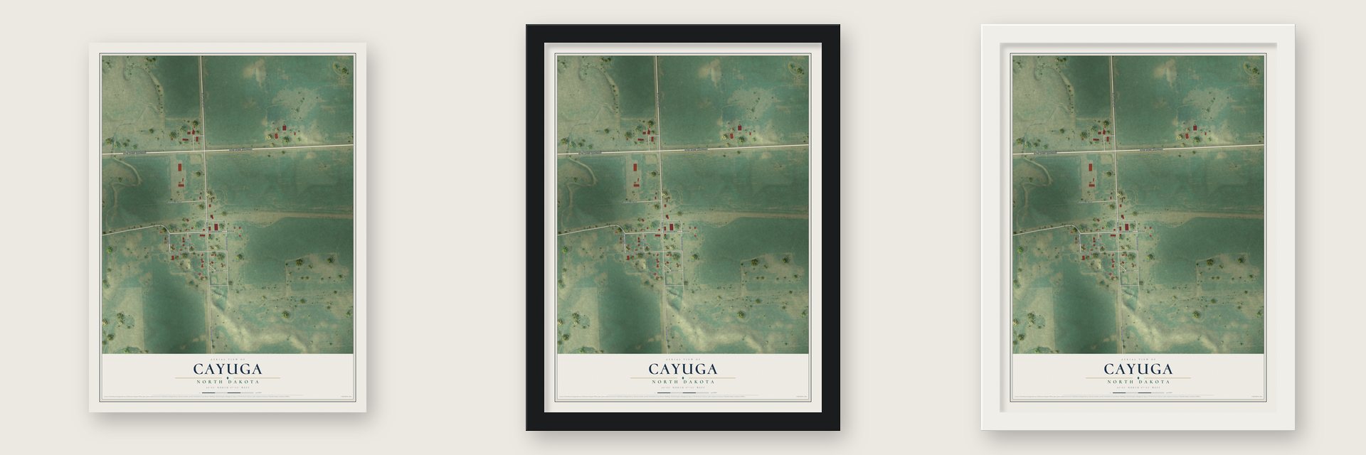 Cayuga, North Dakota map unframed, in a black wood frame and in a white wood frame