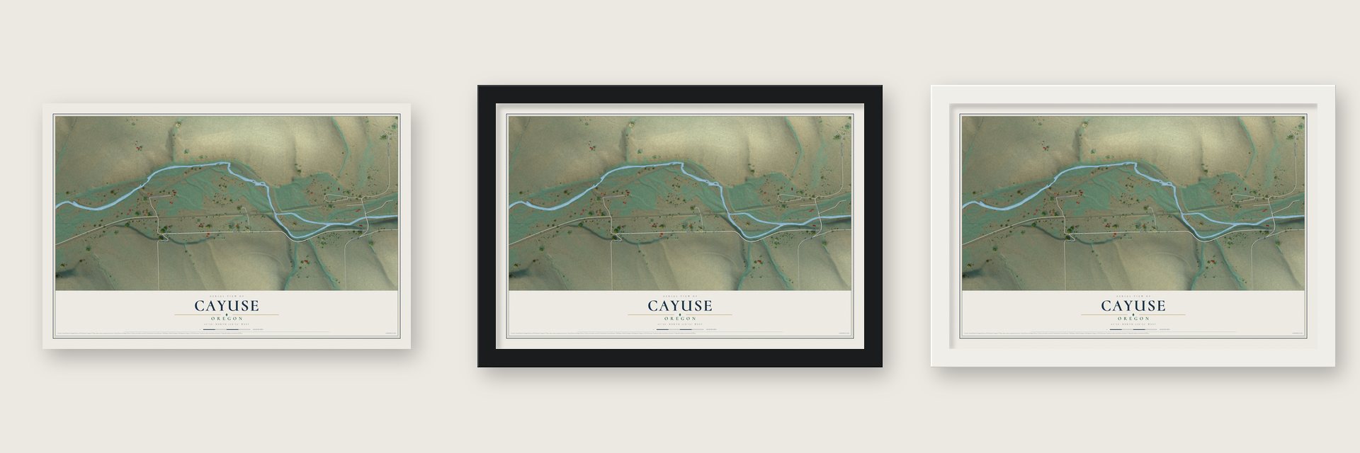 Cayuse, Oregon map unframed, in a black wood frame and in a white wood frame