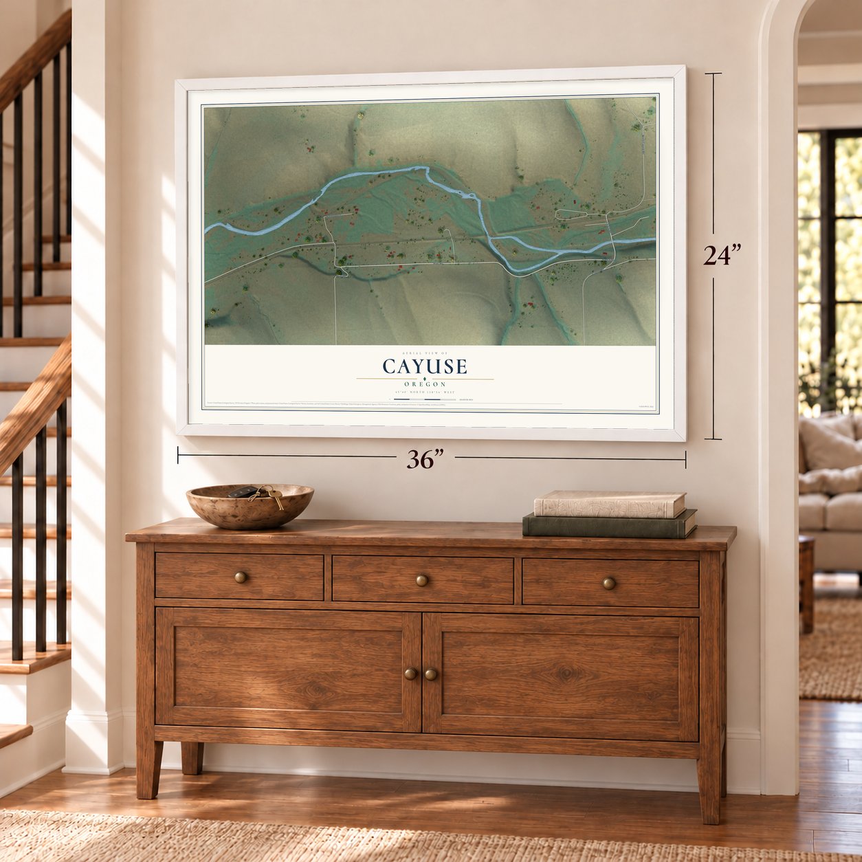 Cayuse, Oregon map, 24 x 36 inch print in a white frame above a dresser by a staircase