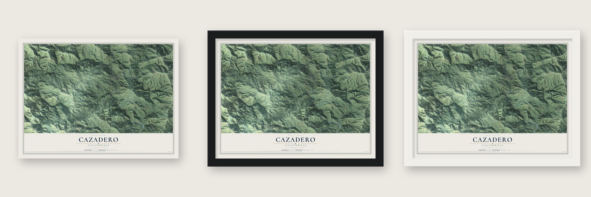 Cazadero, California map unframed, in a black wood frame and in a white wood frame