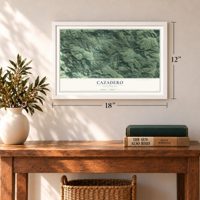 Cazadero, California map, 12 x 18 inch print in a white frame in an entryway