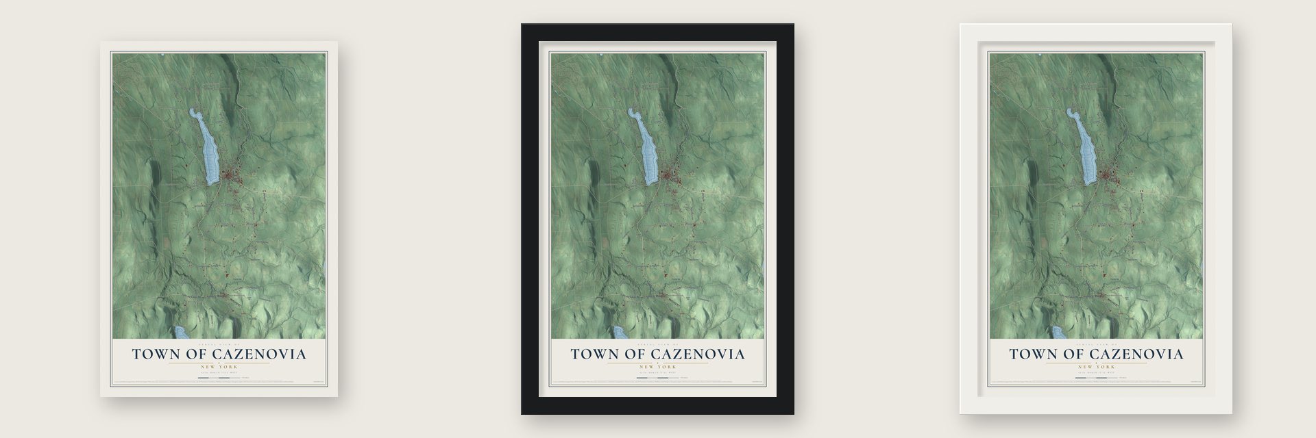Town of Cazenovia, New York map unframed, in a black wood frame and in a white wood frame