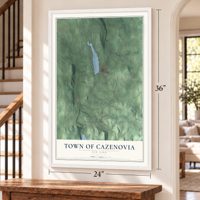 Town of Cazenovia, New York map, 24 x 36 inch print in a white frame by a staircase