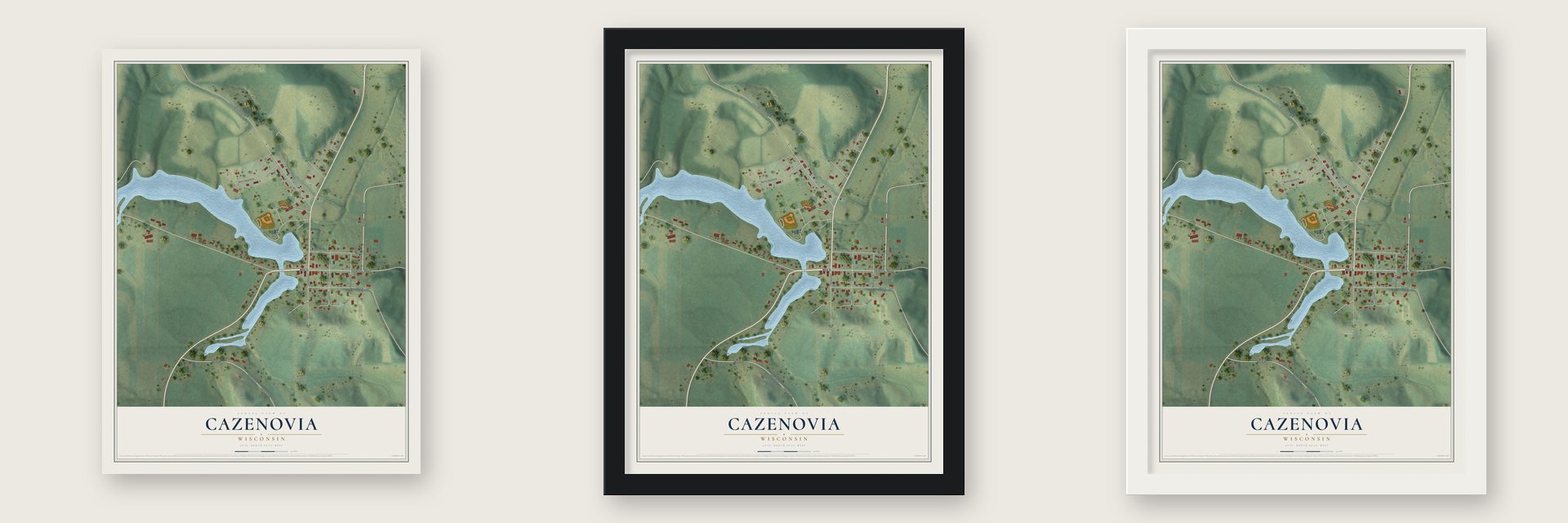 Cazenovia, Wisconsin map unframed, in a black wood frame and in a white wood frame