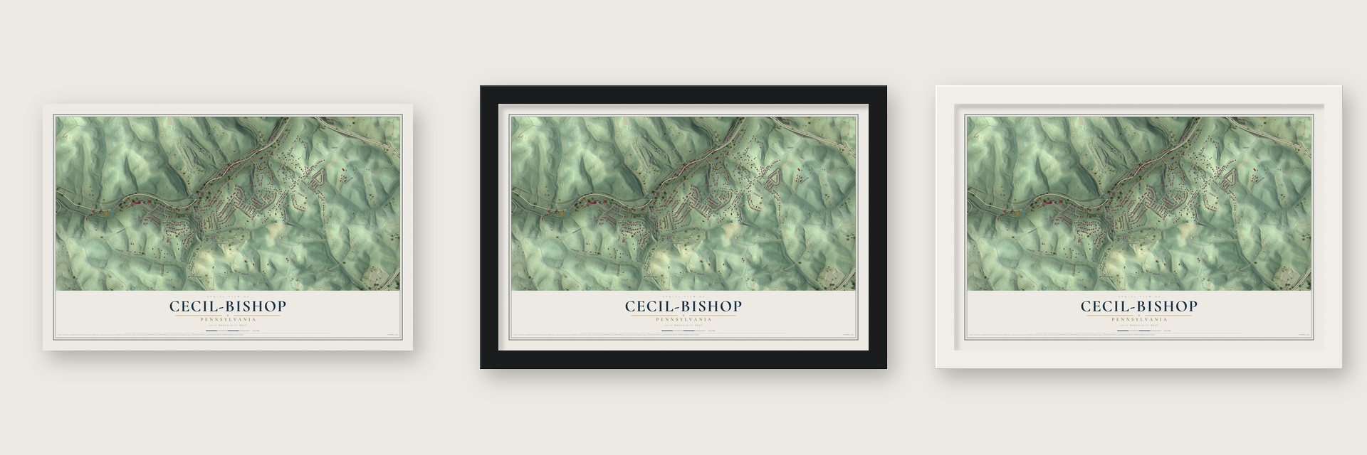 Cecil-Bishop, Pennsylvania map unframed, in a black wood frame and in a white wood frame