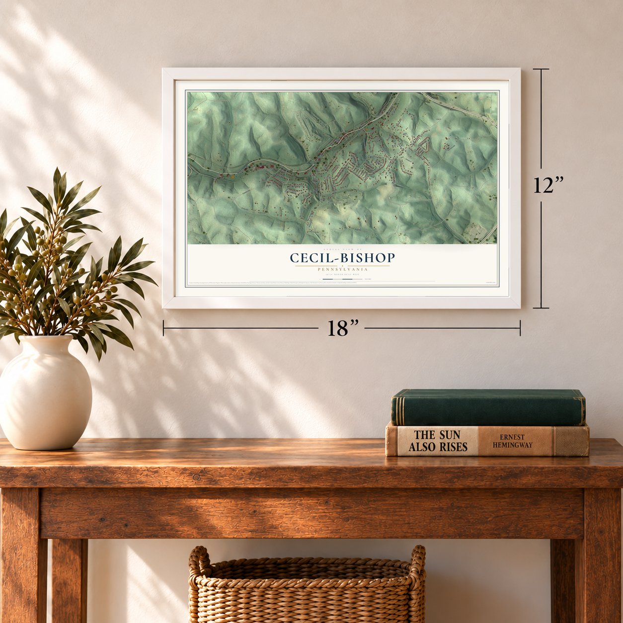 Cecil-Bishop, Pennsylvania map, 12 x 18 inch print in a white frame in an entryway