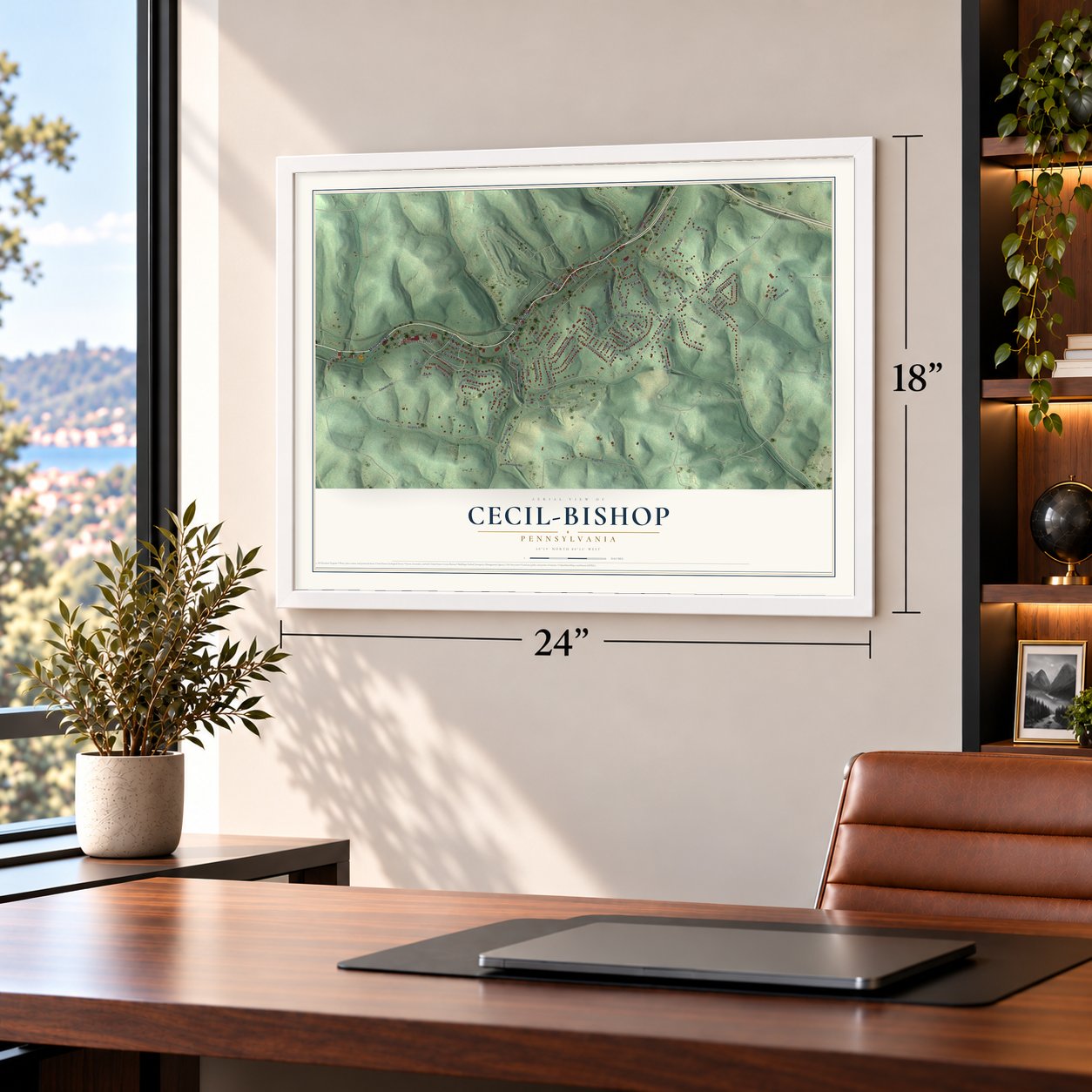 Cecil-Bishop, Pennsylvania map, 18 x 24 inch print in a white frame in a home office