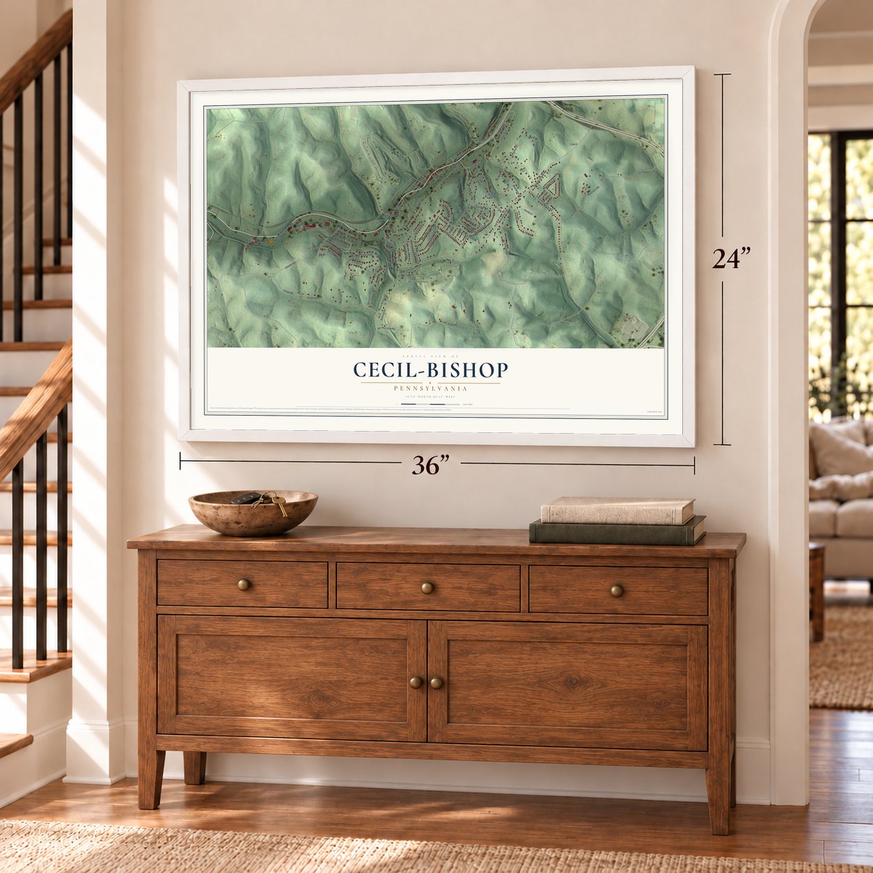 Cecil-Bishop, Pennsylvania map, 24 x 36 inch print in a white frame above a dresser by a staircase
