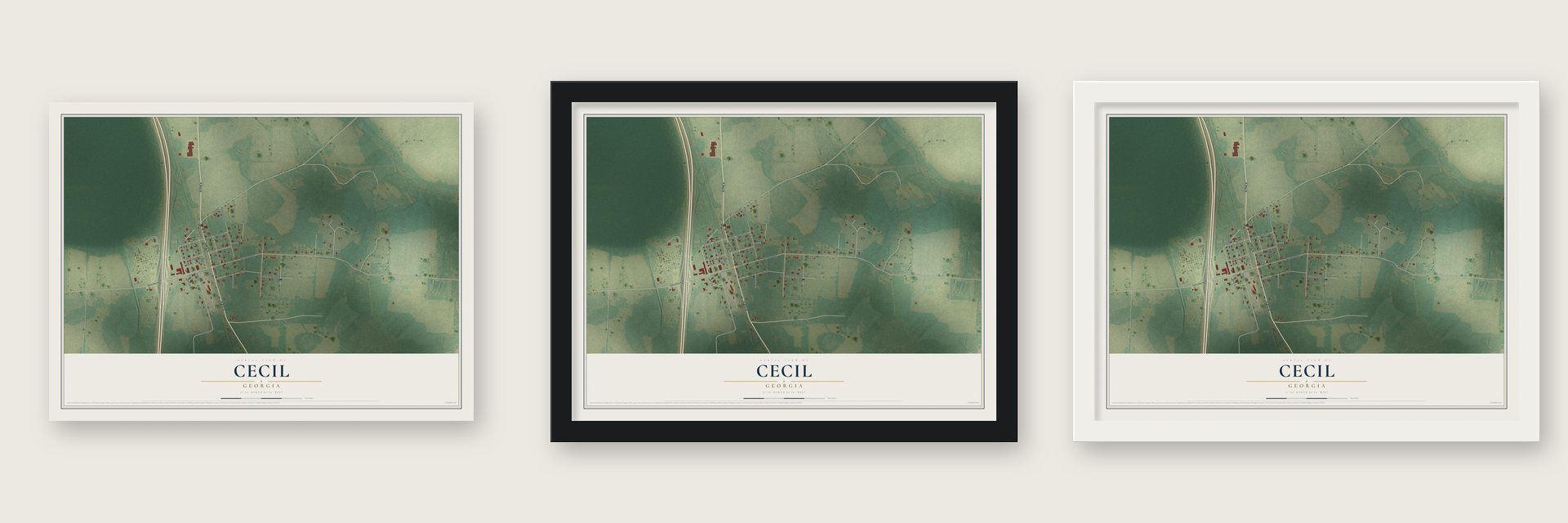 Cecil, Georgia map unframed, in a black wood frame and in a white wood frame