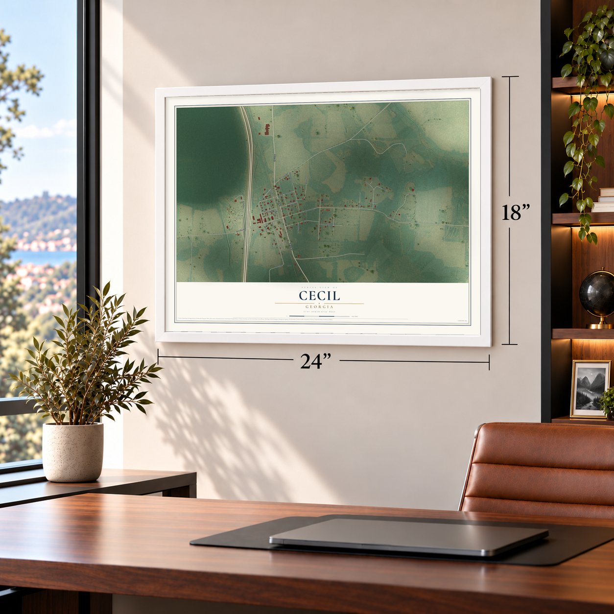 Cecil, Georgia map, 18 x 24 inch print in a white frame in a home office