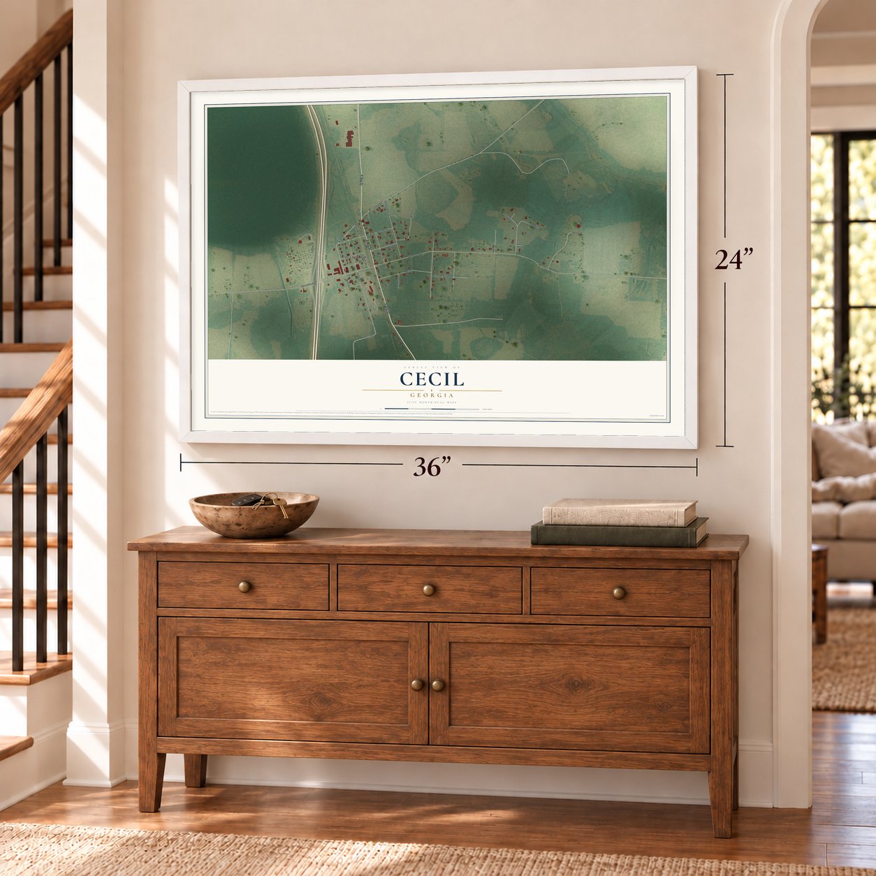 Cecil, Georgia map, 24 x 36 inch print in a white frame above a dresser by a staircase