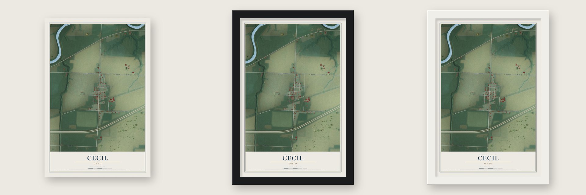 Cecil, Ohio map unframed, in a black wood frame and in a white wood frame