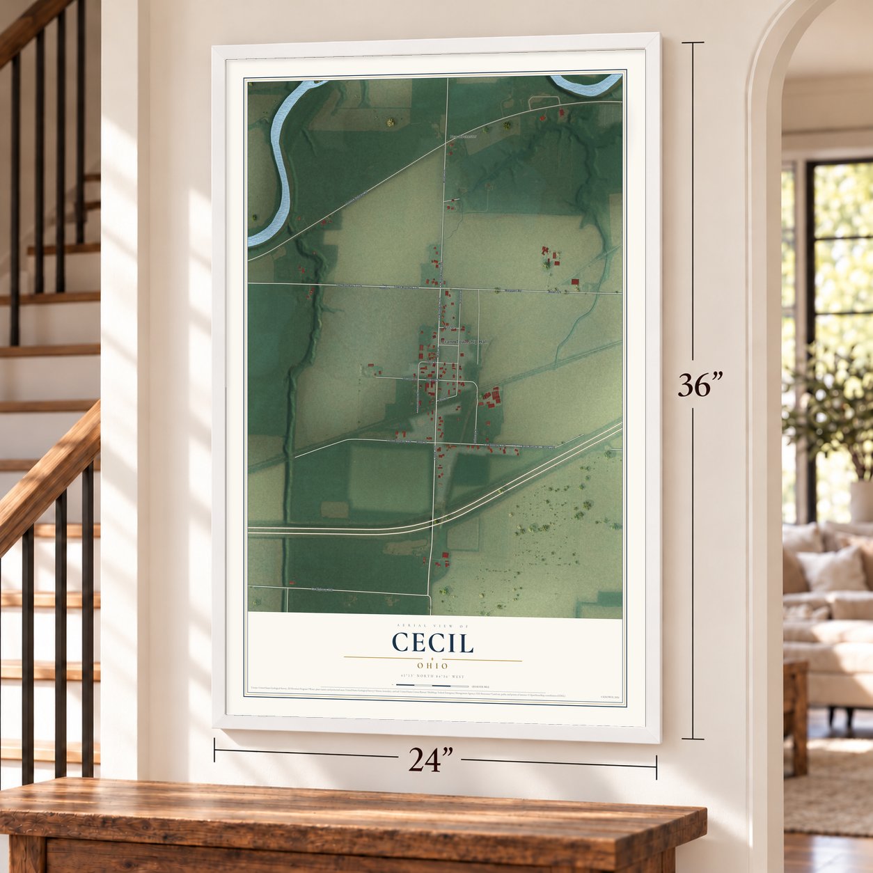Cecil, Ohio map, 24 x 36 inch print in a white frame by a staircase
