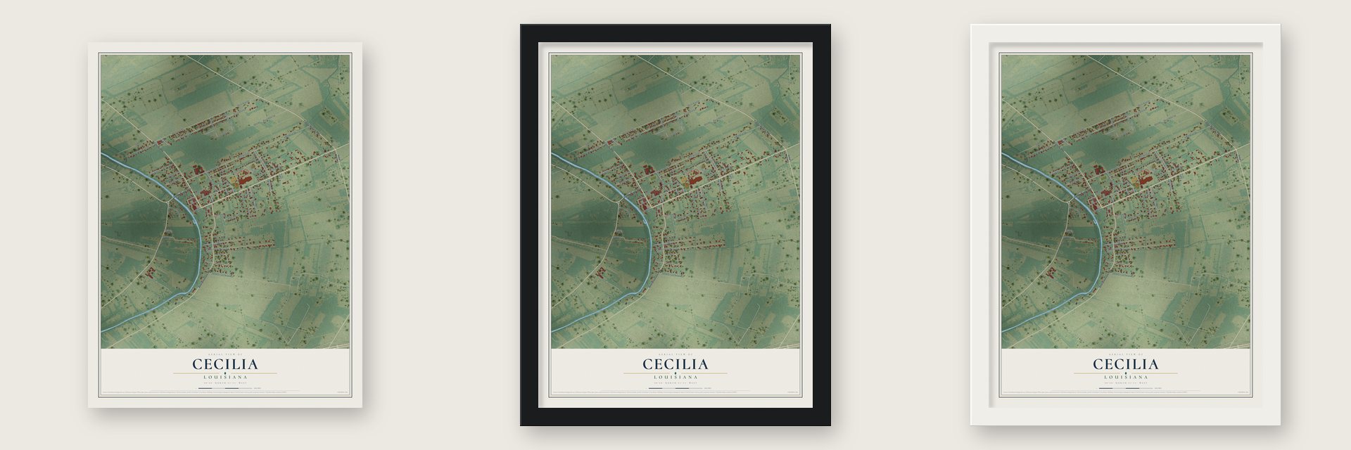 Cecilia, Louisiana map unframed, in a black wood frame and in a white wood frame