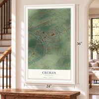 Cecilia, Louisiana map, 24 x 36 inch print in a white frame by a staircase
