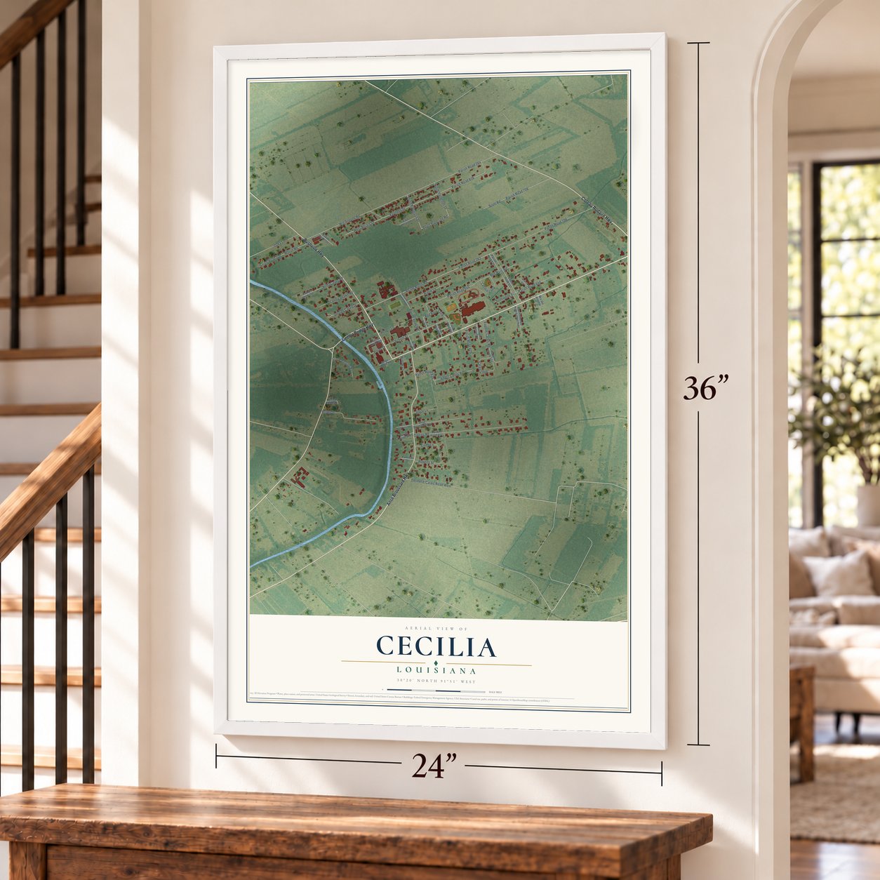 Cecilia, Louisiana map, 24 x 36 inch print in a white frame by a staircase