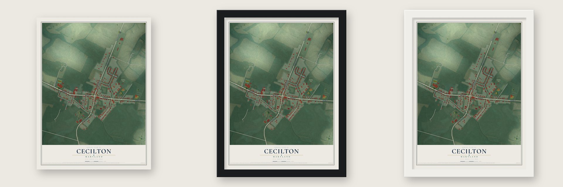 Cecilton, Maryland map unframed, in a black wood frame and in a white wood frame