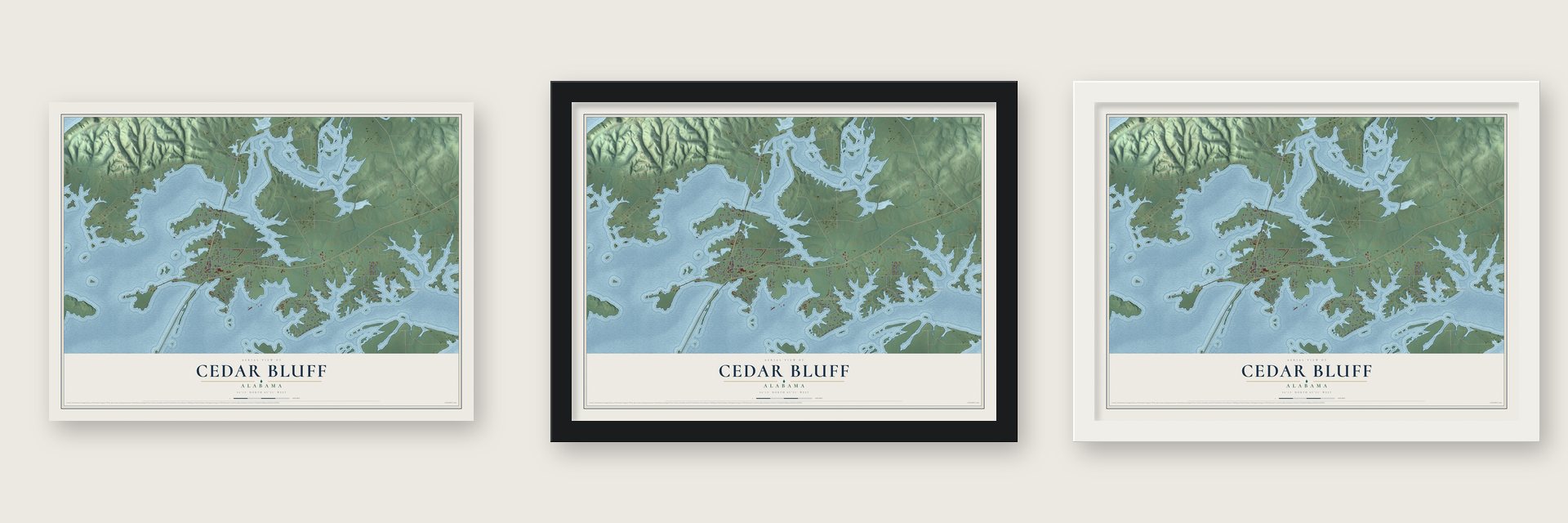 Cedar Bluff, Alabama map unframed, in a black wood frame and in a white wood frame