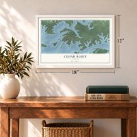 Cedar Bluff, Alabama map, 12 x 18 inch print in a white frame in an entryway