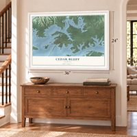 Cedar Bluff, Alabama map, 24 x 36 inch print in a white frame above a dresser by a staircase