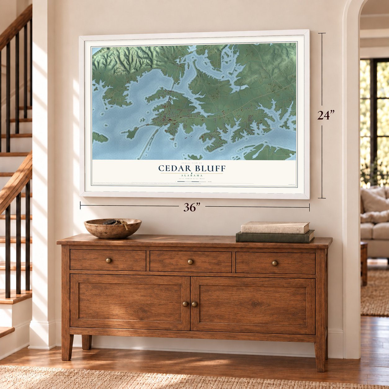 Cedar Bluff, Alabama map, 24 x 36 inch print in a white frame above a dresser by a staircase